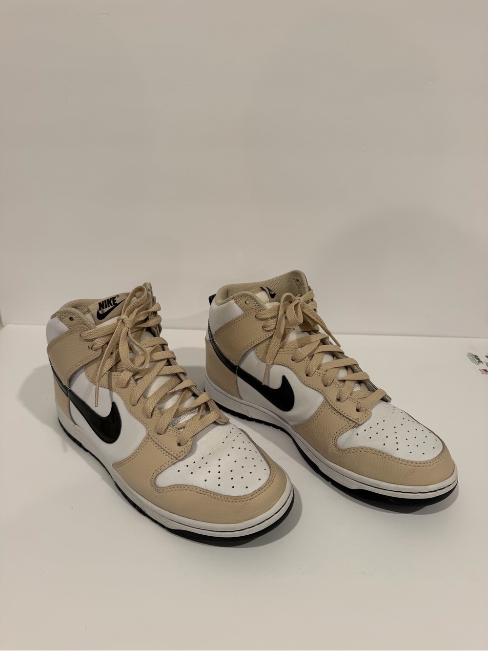 Nike Men’s High-Top Sneakers in Beige, White and Black Swoosh